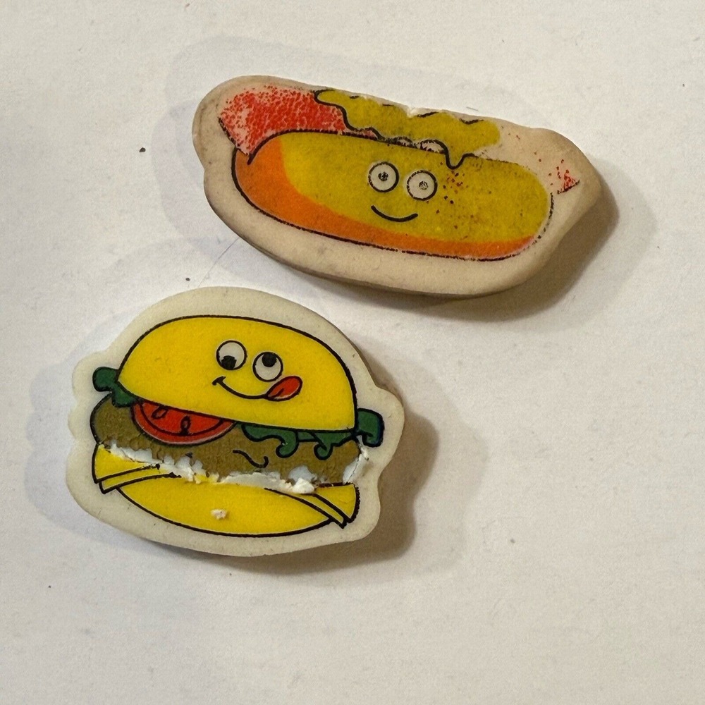 Vintage Hamburger And Hotdog Erasers With Eyes